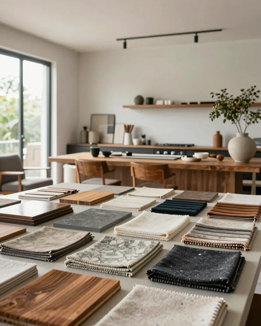 Ambiente de ateliê de design de interiores em uma casa contemporânea brasileira, mesa de trabalho com amostras de madeir