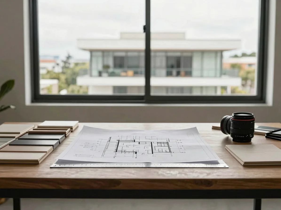 Editorial business photography of a calm interior design studio t