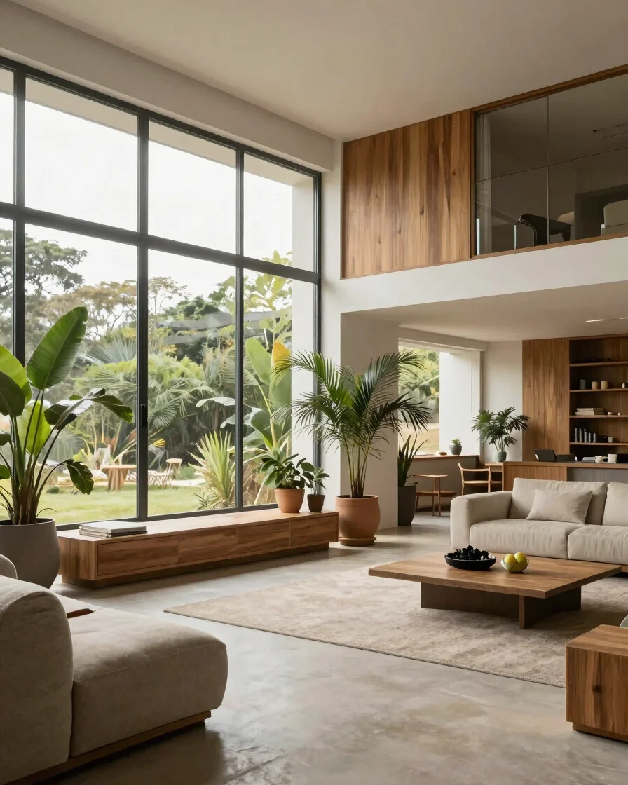 Ambiente de interior contemporâneo brasileiro com luz natural sua